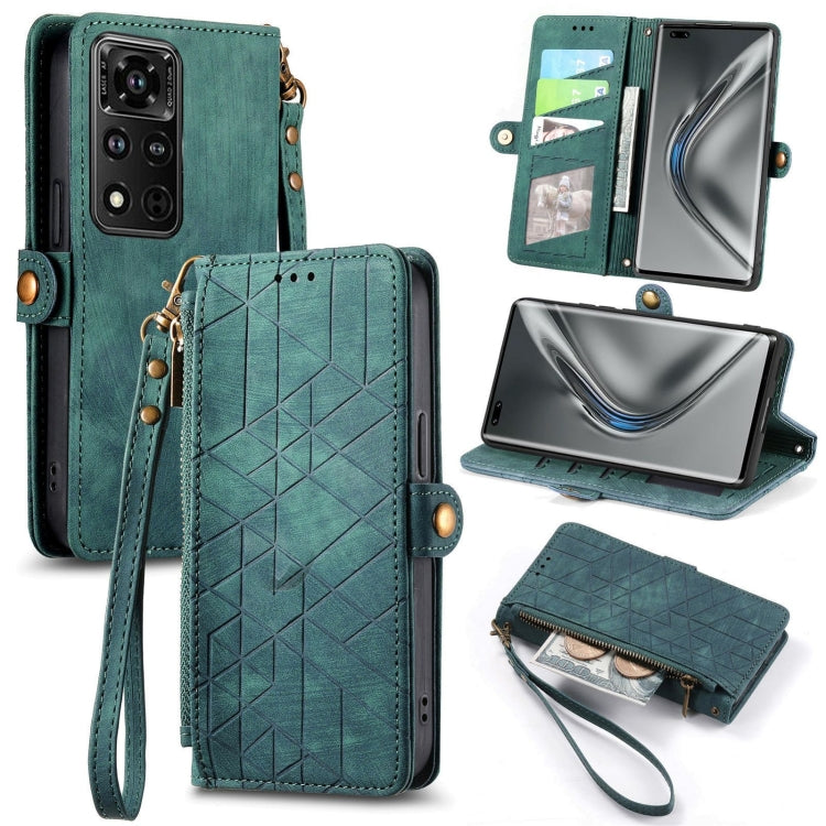 Geometric Zipper Wallet Side Buckle Leather Phone Case, For Honor V40