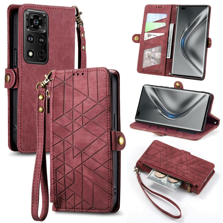 Geometric Zipper Wallet Side Buckle Leather Phone Case, For Honor V40