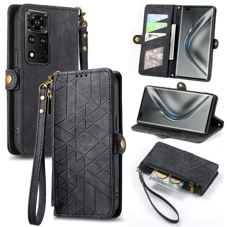 Geometric Zipper Wallet Side Buckle Leather Phone Case, For Honor V40