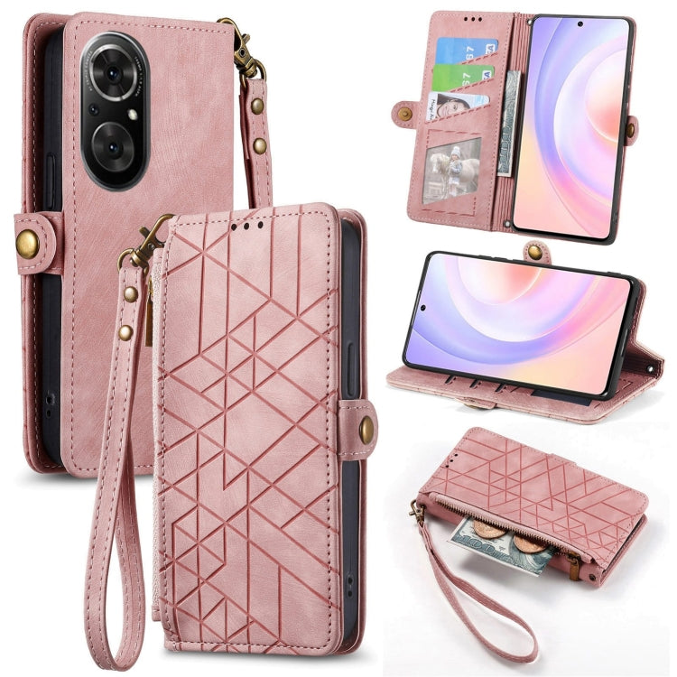 Geometric Zipper Wallet Side Buckle Leather Phone Case, For Honor 50 SE, For Honor V40