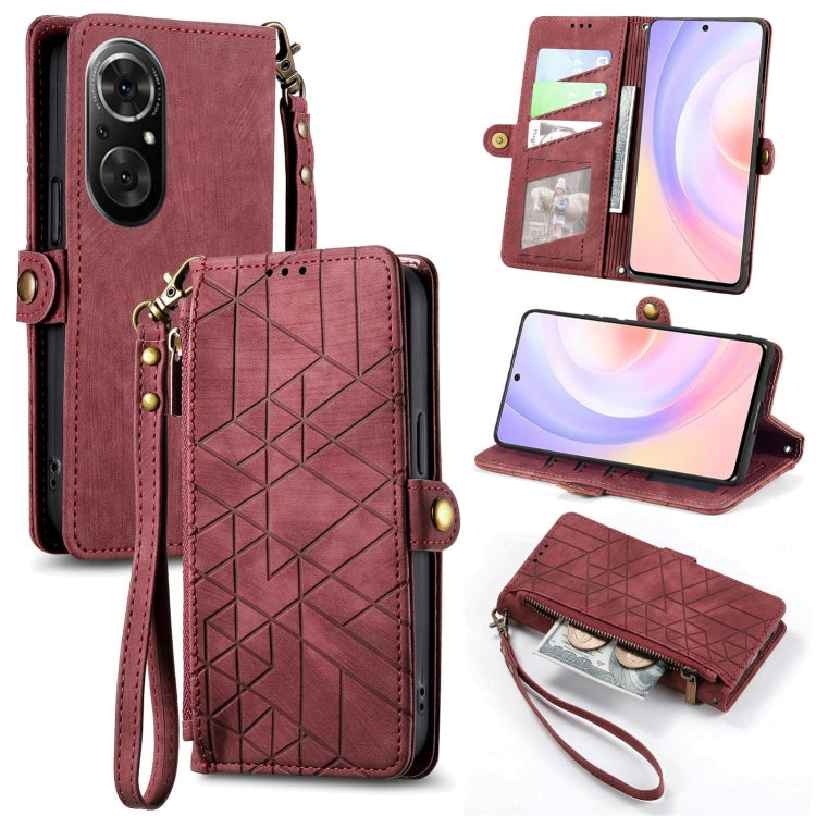 Geometric Zipper Wallet Side Buckle Leather Phone Case, For Honor 50 SE, For Honor V40