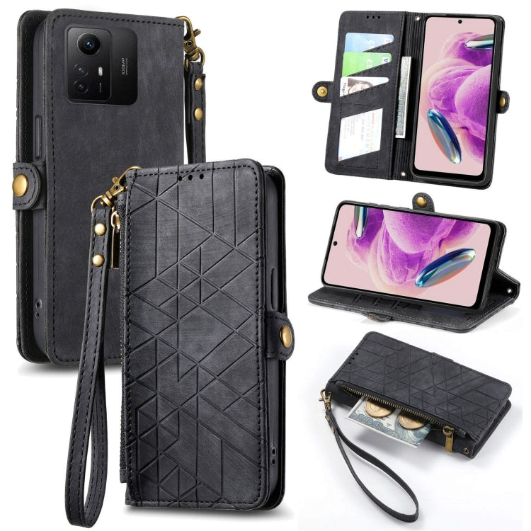 Geometric Zipper Wallet Side Buckle Leather Phone Case, For Xiaomi Redmi 12, For Xiaomi Redmi Note 12S, For Xiaomi Redmi Note 12 4G, For Redmi Note 12 Turbo, For Xiaomi Redmi Note 12 5G, For Xiaomi Redmi 12C, For Xiaomi Redmi A1                        ...