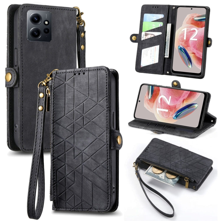 Geometric Zipper Wallet Side Buckle Leather Phone Case, For Xiaomi Redmi 12, For Xiaomi Redmi Note 12S, For Xiaomi Redmi Note 12 4G, For Redmi Note 12 Turbo, For Xiaomi Redmi Note 12 5G, For Xiaomi Redmi 12C, For Xiaomi Redmi A1                        ...