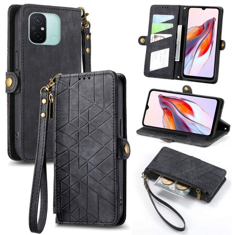 Geometric Zipper Wallet Side Buckle Leather Phone Case, For Xiaomi Redmi 12, For Xiaomi Redmi Note 12S, For Xiaomi Redmi Note 12 4G, For Redmi Note 12 Turbo, For Xiaomi Redmi Note 12 5G, For Xiaomi Redmi 12C, For Xiaomi Redmi A1                        ...