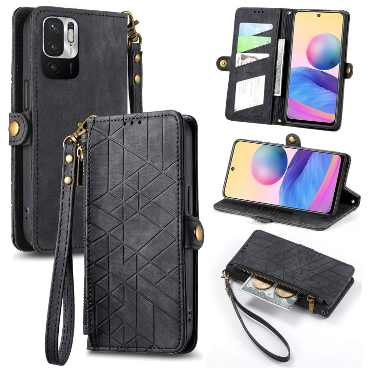 Geometric Zipper Wallet Side Buckle Leather Phone Case, For Xiaomi Redmi Note 11SE, For Xiaomi Redmi 10A, For Xiaomi Redmi 10C, For Xiaomi Redmi K50, For Redmi Note 11 Pro 4G, For Xiaomi Redmi 10, For Xiaomi Redmi Note 10 5G, For Xiaomi Redmi Note 10 4G