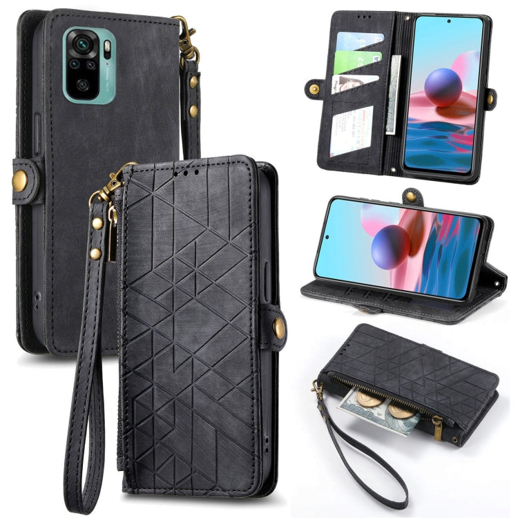 Geometric Zipper Wallet Side Buckle Leather Phone Case, For Xiaomi Redmi Note 11SE, For Xiaomi Redmi 10A, For Xiaomi Redmi 10C, For Xiaomi Redmi K50, For Redmi Note 11 Pro 4G, For Xiaomi Redmi 10, For Xiaomi Redmi Note 10 5G, For Xiaomi Redmi Note 10 4G