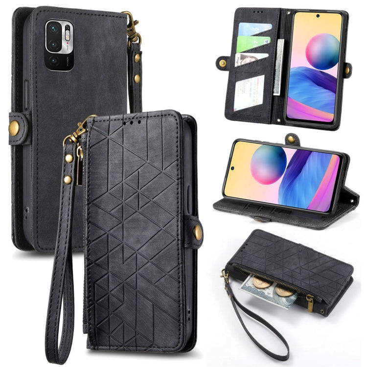 Geometric Zipper Wallet Side Buckle Leather Phone Case, For Xiaomi Redmi Note 11SE, For Xiaomi Redmi 10A, For Xiaomi Redmi 10C, For Xiaomi Redmi K50, For Redmi Note 11 Pro 4G, For Xiaomi Redmi 10, For Xiaomi Redmi Note 10 5G, For Xiaomi Redmi Note 10 4G