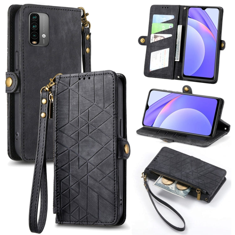 Geometric Zipper Wallet Side Buckle Leather Phone Case, For Xiaomi Redmi K40, For Xiaomi Redmi Note 9 4G, For Xiaomi Redmi 9A, For Xiaomi Redmi 9, For Xiaomi Redmi 9C, For Xiaomi Redmi Note 9, For Xiaomi Redmi K30 Pro, For Xiaomi Redmi Note 9S