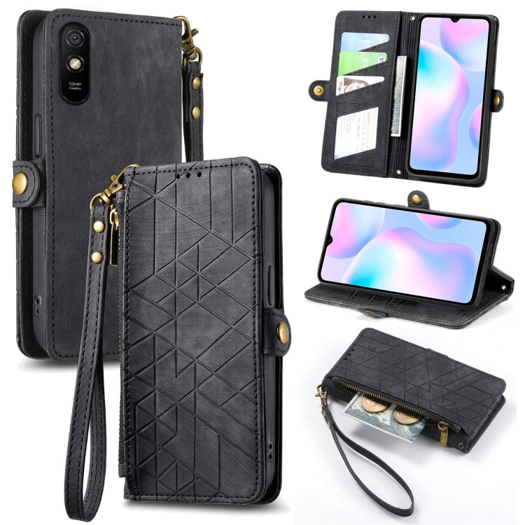 Geometric Zipper Wallet Side Buckle Leather Phone Case, For Xiaomi Redmi K40, For Xiaomi Redmi Note 9 4G, For Xiaomi Redmi 9A, For Xiaomi Redmi 9, For Xiaomi Redmi 9C, For Xiaomi Redmi Note 9, For Xiaomi Redmi K30 Pro, For Xiaomi Redmi Note 9S