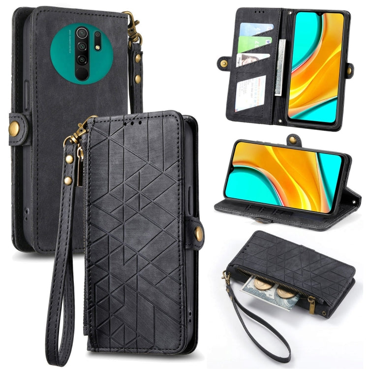 Geometric Zipper Wallet Side Buckle Leather Phone Case, For Xiaomi Redmi K40, For Xiaomi Redmi Note 9 4G, For Xiaomi Redmi 9A, For Xiaomi Redmi 9, For Xiaomi Redmi 9C, For Xiaomi Redmi Note 9, For Xiaomi Redmi K30 Pro, For Xiaomi Redmi Note 9S