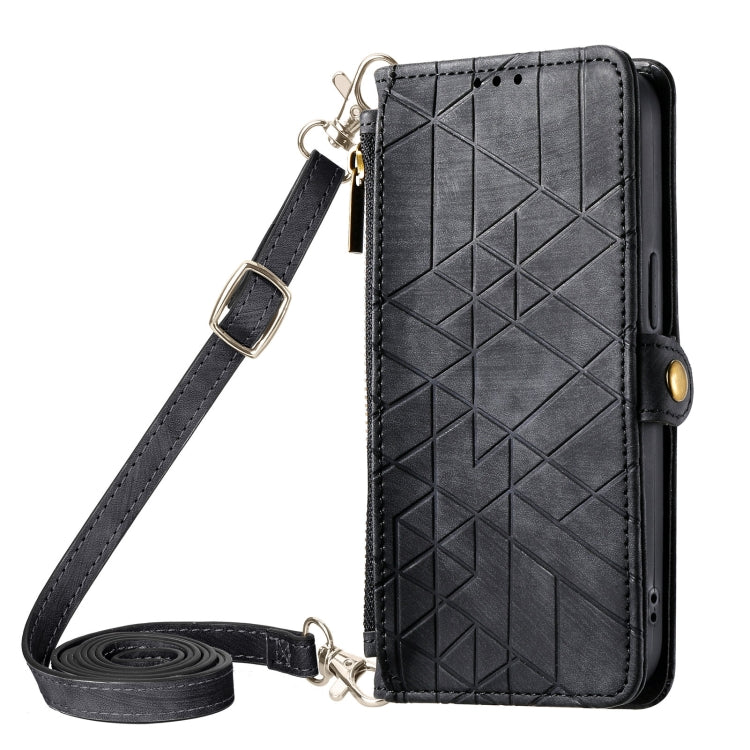 Geometric Zipper Wallet Side Buckle Leather Phone Case with Crossbody Lanyard, For iPhone 11 Pro