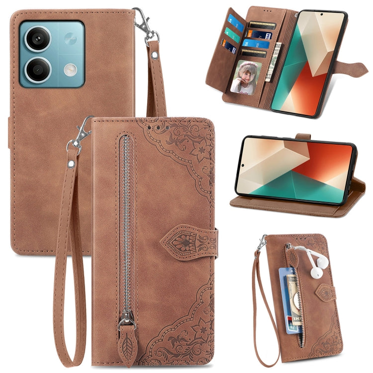 Embossed Flower Zipper Leather Phone Case, For Xiaomi Redmi Note 13 5G, For Xiaomi Redmi Note 13 Pro+, For Xiaomi Redmi Note 13 Pro 5G, For Xiaomi Redmi K60 Ultra, For Xiaomi Redmi K70 Pro, For Xiaomi Redmi K70, For Xiaomi 13T / 13T Pro