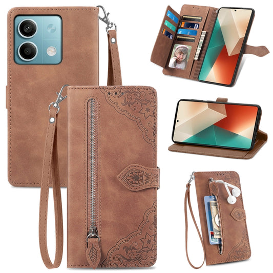 Embossed Flower Zipper Leather Phone Case, For Xiaomi Redmi Note 13 5G, For Xiaomi Redmi Note 13 Pro+, For Xiaomi Redmi Note 13 Pro 5G, For Xiaomi Redmi K60 Ultra, For Xiaomi Redmi K70 Pro, For Xiaomi Redmi K70, For Xiaomi 13T / 13T Pro