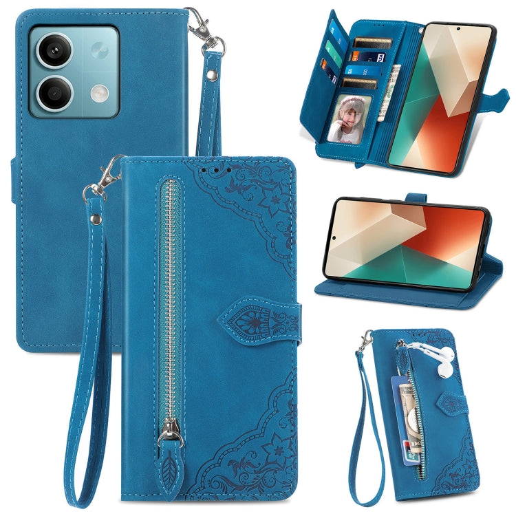 Embossed Flower Zipper Leather Phone Case, For Xiaomi Redmi Note 13 5G, For Xiaomi Redmi Note 13 Pro+, For Xiaomi Redmi Note 13 Pro 5G, For Xiaomi Redmi K60 Ultra, For Xiaomi Redmi K70 Pro, For Xiaomi Redmi K70, For Xiaomi 13T / 13T Pro