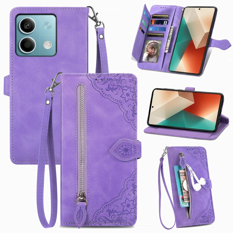 Embossed Flower Zipper Leather Phone Case, For Xiaomi Redmi Note 13 5G, For Xiaomi Redmi Note 13 Pro+, For Xiaomi Redmi Note 13 Pro 5G, For Xiaomi Redmi K60 Ultra, For Xiaomi Redmi K70 Pro, For Xiaomi Redmi K70, For Xiaomi 13T / 13T Pro