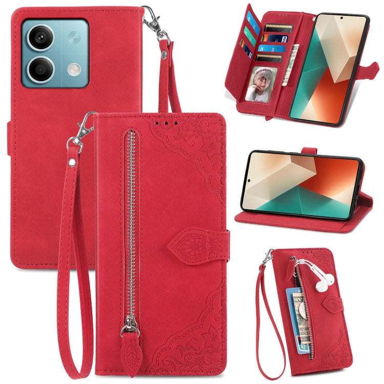 Embossed Flower Zipper Leather Phone Case, For Xiaomi Redmi Note 13 5G, For Xiaomi Redmi Note 13 Pro+, For Xiaomi Redmi Note 13 Pro 5G, For Xiaomi Redmi K60 Ultra, For Xiaomi Redmi K70 Pro, For Xiaomi Redmi K70, For Xiaomi 13T / 13T Pro
