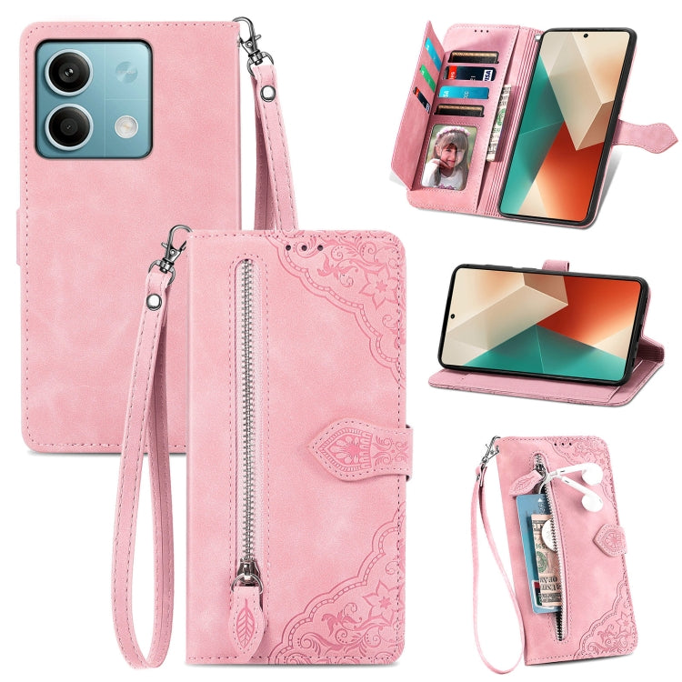 Embossed Flower Zipper Leather Phone Case, For Xiaomi Redmi Note 13 5G, For Xiaomi Redmi Note 13 Pro+, For Xiaomi Redmi Note 13 Pro 5G, For Xiaomi Redmi K60 Ultra, For Xiaomi Redmi K70 Pro, For Xiaomi Redmi K70, For Xiaomi 13T / 13T Pro