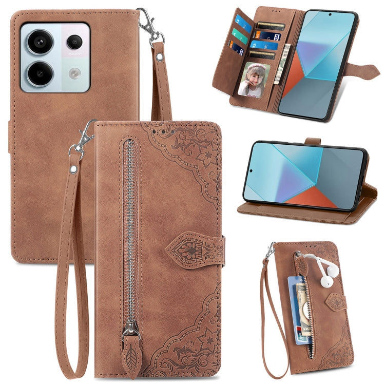 Embossed Flower Zipper Leather Phone Case, For Xiaomi Redmi Note 13 5G, For Xiaomi Redmi Note 13 Pro+, For Xiaomi Redmi Note 13 Pro 5G, For Xiaomi Redmi K60 Ultra, For Xiaomi Redmi K70 Pro, For Xiaomi Redmi K70, For Xiaomi 13T / 13T Pro