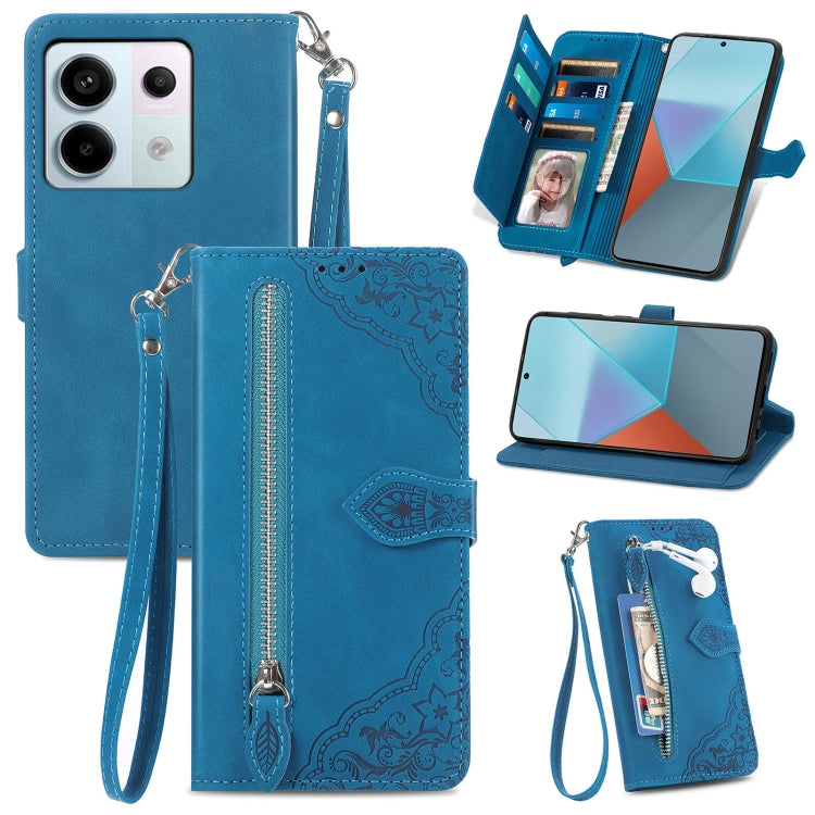 Embossed Flower Zipper Leather Phone Case, For Xiaomi Redmi Note 13 5G, For Xiaomi Redmi Note 13 Pro+, For Xiaomi Redmi Note 13 Pro 5G, For Xiaomi Redmi K60 Ultra, For Xiaomi Redmi K70 Pro, For Xiaomi Redmi K70, For Xiaomi 13T / 13T Pro