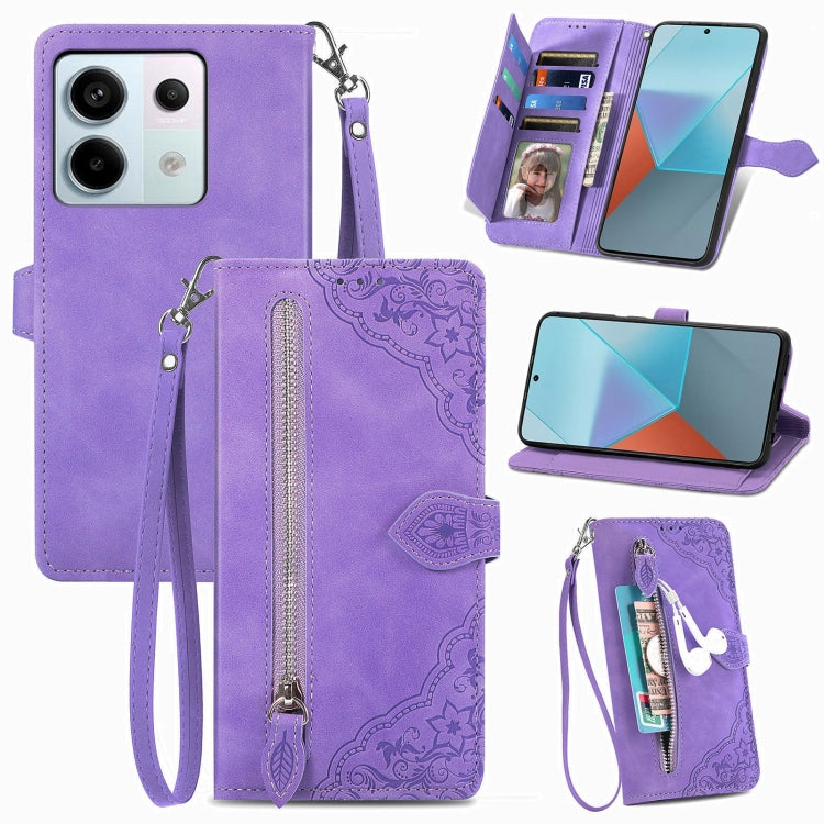 Embossed Flower Zipper Leather Phone Case, For Xiaomi Redmi Note 13 5G, For Xiaomi Redmi Note 13 Pro+, For Xiaomi Redmi Note 13 Pro 5G, For Xiaomi Redmi K60 Ultra, For Xiaomi Redmi K70 Pro, For Xiaomi Redmi K70, For Xiaomi 13T / 13T Pro