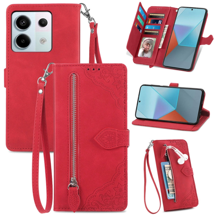Embossed Flower Zipper Leather Phone Case, For Xiaomi Redmi Note 13 5G, For Xiaomi Redmi Note 13 Pro+, For Xiaomi Redmi Note 13 Pro 5G, For Xiaomi Redmi K60 Ultra, For Xiaomi Redmi K70 Pro, For Xiaomi Redmi K70, For Xiaomi 13T / 13T Pro