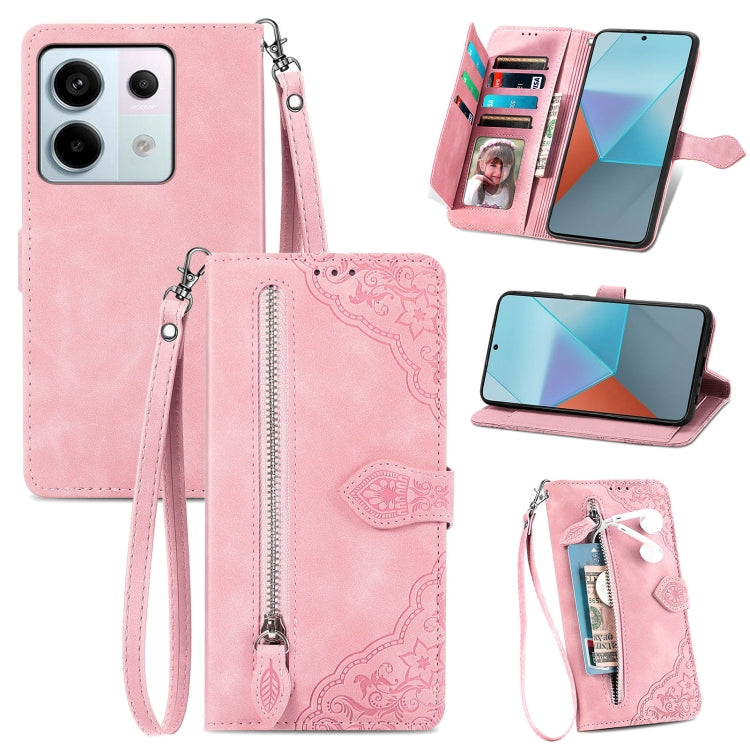 Embossed Flower Zipper Leather Phone Case, For Xiaomi Redmi Note 13 5G, For Xiaomi Redmi Note 13 Pro+, For Xiaomi Redmi Note 13 Pro 5G, For Xiaomi Redmi K60 Ultra, For Xiaomi Redmi K70 Pro, For Xiaomi Redmi K70, For Xiaomi 13T / 13T Pro