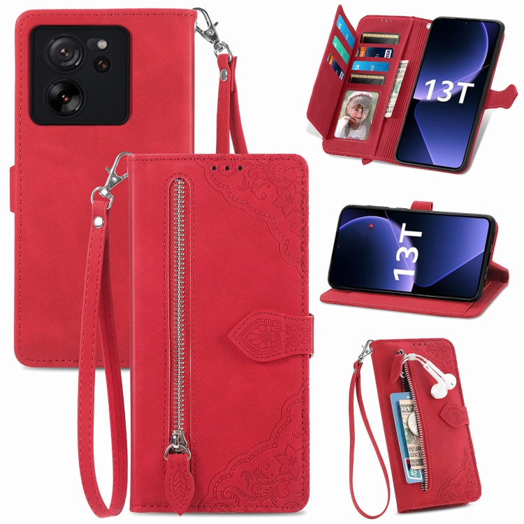 Embossed Flower Zipper Leather Phone Case, For Xiaomi Redmi Note 13 5G, For Xiaomi Redmi Note 13 Pro+, For Xiaomi Redmi Note 13 Pro 5G, For Xiaomi Redmi K60 Ultra, For Xiaomi Redmi K70 Pro, For Xiaomi Redmi K70, For Xiaomi 13T / 13T Pro