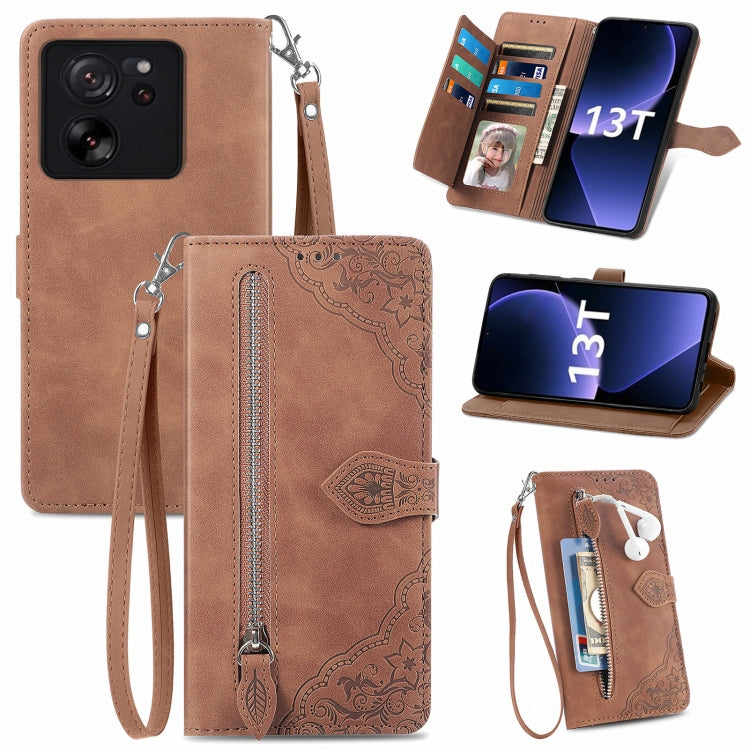 Embossed Flower Zipper Leather Phone Case, For Xiaomi Redmi Note 13 5G, For Xiaomi Redmi Note 13 Pro+, For Xiaomi Redmi Note 13 Pro 5G, For Xiaomi Redmi K60 Ultra, For Xiaomi Redmi K70 Pro, For Xiaomi Redmi K70, For Xiaomi 13T / 13T Pro