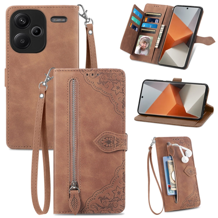 Embossed Flower Zipper Leather Phone Case, For Xiaomi Redmi Note 13 5G, For Xiaomi Redmi Note 13 Pro+, For Xiaomi Redmi Note 13 Pro 5G, For Xiaomi Redmi K60 Ultra, For Xiaomi Redmi K70 Pro, For Xiaomi Redmi K70, For Xiaomi 13T / 13T Pro