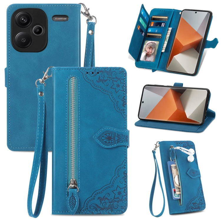 Embossed Flower Zipper Leather Phone Case, For Xiaomi Redmi Note 13 5G, For Xiaomi Redmi Note 13 Pro+, For Xiaomi Redmi Note 13 Pro 5G, For Xiaomi Redmi K60 Ultra, For Xiaomi Redmi K70 Pro, For Xiaomi Redmi K70, For Xiaomi 13T / 13T Pro