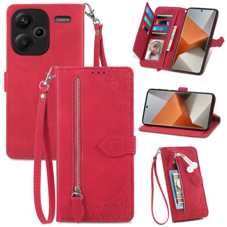 Embossed Flower Zipper Leather Phone Case, For Xiaomi Redmi Note 13 5G, For Xiaomi Redmi Note 13 Pro+, For Xiaomi Redmi Note 13 Pro 5G, For Xiaomi Redmi K60 Ultra, For Xiaomi Redmi K70 Pro, For Xiaomi Redmi K70, For Xiaomi 13T / 13T Pro