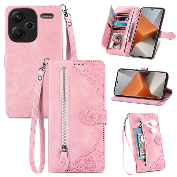 Embossed Flower Zipper Leather Phone Case, For Xiaomi Redmi Note 13 5G, For Xiaomi Redmi Note 13 Pro+, For Xiaomi Redmi Note 13 Pro 5G, For Xiaomi Redmi K60 Ultra, For Xiaomi Redmi K70 Pro, For Xiaomi Redmi K70, For Xiaomi 13T / 13T Pro
