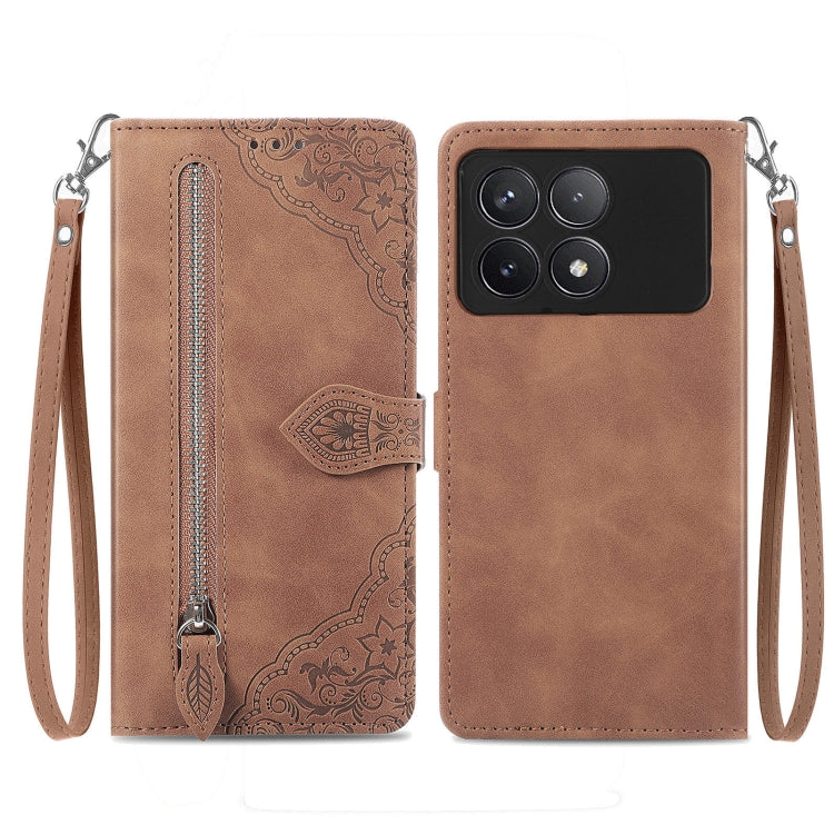 Embossed Flower Zipper Leather Phone Case, For Xiaomi Redmi Note 13 5G, For Xiaomi Redmi Note 13 Pro+, For Xiaomi Redmi Note 13 Pro 5G, For Xiaomi Redmi K60 Ultra, For Xiaomi Redmi K70 Pro, For Xiaomi Redmi K70, For Xiaomi 13T / 13T Pro