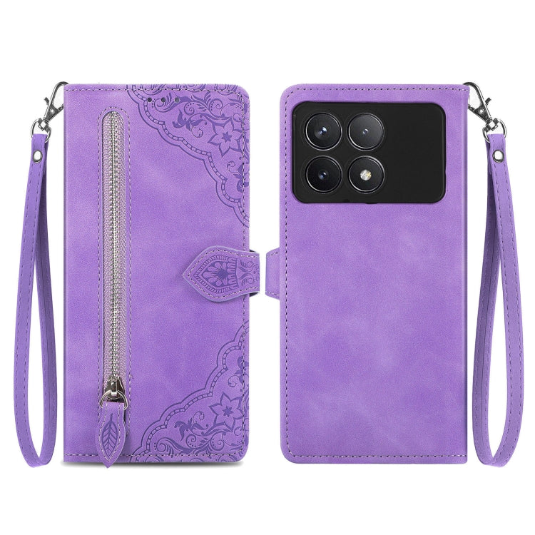 Embossed Flower Zipper Leather Phone Case, For Xiaomi Redmi Note 13 5G, For Xiaomi Redmi Note 13 Pro+, For Xiaomi Redmi Note 13 Pro 5G, For Xiaomi Redmi K60 Ultra, For Xiaomi Redmi K70 Pro, For Xiaomi Redmi K70, For Xiaomi 13T / 13T Pro