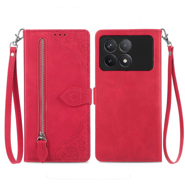 Embossed Flower Zipper Leather Phone Case, For Xiaomi Redmi Note 13 5G, For Xiaomi Redmi Note 13 Pro+, For Xiaomi Redmi Note 13 Pro 5G, For Xiaomi Redmi K60 Ultra, For Xiaomi Redmi K70 Pro, For Xiaomi Redmi K70, For Xiaomi 13T / 13T Pro
