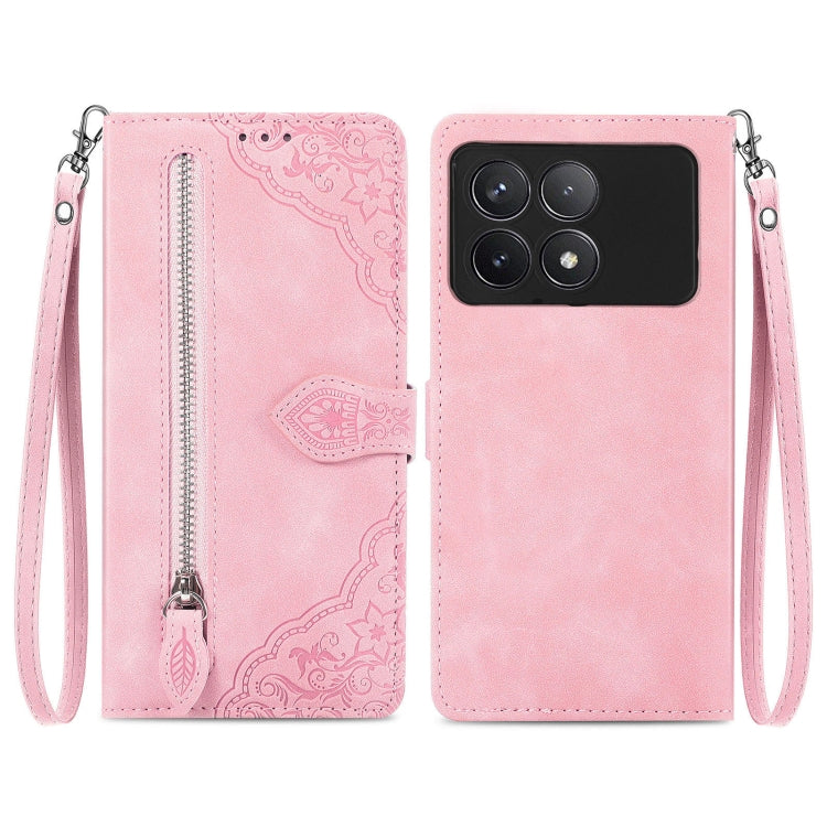 Embossed Flower Zipper Leather Phone Case, For Xiaomi Redmi Note 13 5G, For Xiaomi Redmi Note 13 Pro+, For Xiaomi Redmi Note 13 Pro 5G, For Xiaomi Redmi K60 Ultra, For Xiaomi Redmi K70 Pro, For Xiaomi Redmi K70, For Xiaomi 13T / 13T Pro