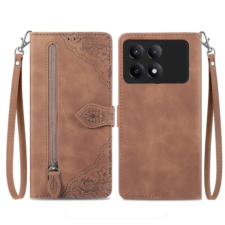 Embossed Flower Zipper Leather Phone Case, For Xiaomi Poco M6 Pro 4G, For Xiaomi Redmi Note 13 Pro 4G, For Xiaomi Redmi A3, For Xiaomi Redmi Note 13 4G, For Xiaomi Redmi 13C 5G, For Xiaomi Redmi K70E, For Xiaomi Poco X6 Pro, For Xiaomi  14 Ultra       ...
