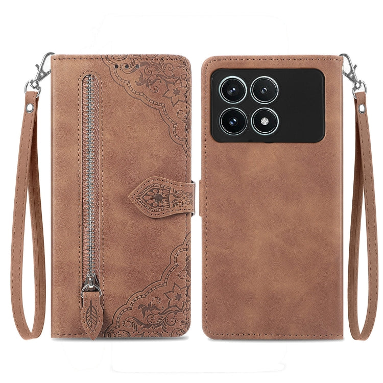 Embossed Flower Zipper Leather Phone Case, For Xiaomi Redmi Note 13 5G, For Xiaomi Redmi Note 13 Pro+, For Xiaomi Redmi Note 13 Pro 5G, For Xiaomi Redmi K60 Ultra, For Xiaomi Redmi K70 Pro, For Xiaomi Redmi K70, For Xiaomi 13T / 13T Pro