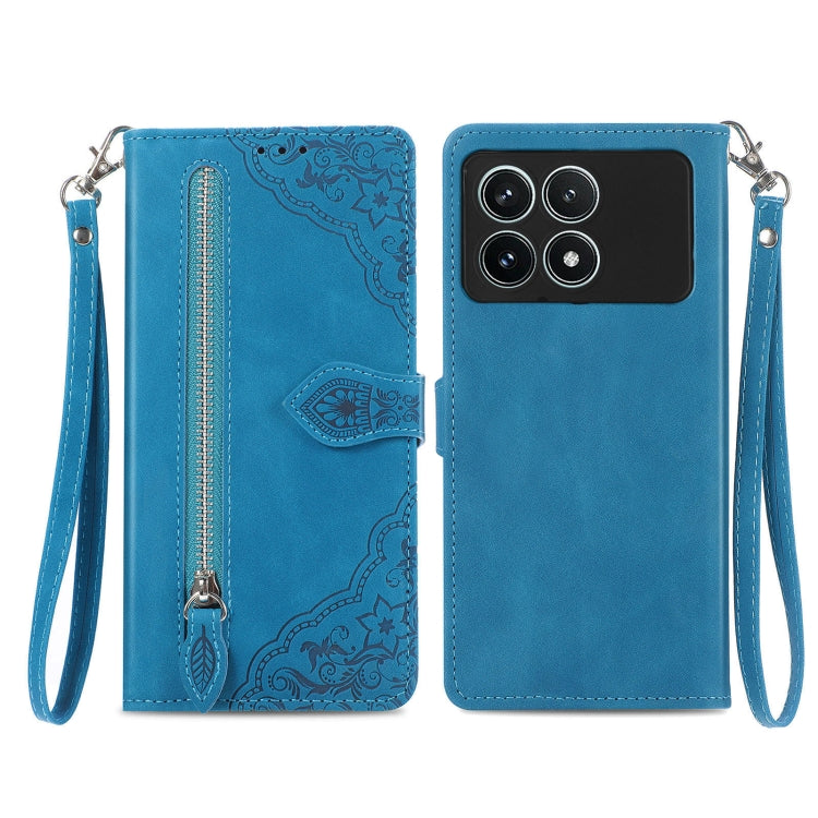 Embossed Flower Zipper Leather Phone Case, For Xiaomi Redmi Note 13 5G, For Xiaomi Redmi Note 13 Pro+, For Xiaomi Redmi Note 13 Pro 5G, For Xiaomi Redmi K60 Ultra, For Xiaomi Redmi K70 Pro, For Xiaomi Redmi K70, For Xiaomi 13T / 13T Pro
