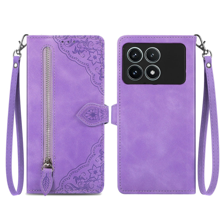 Embossed Flower Zipper Leather Phone Case, For Xiaomi Redmi Note 13 5G, For Xiaomi Redmi Note 13 Pro+, For Xiaomi Redmi Note 13 Pro 5G, For Xiaomi Redmi K60 Ultra, For Xiaomi Redmi K70 Pro, For Xiaomi Redmi K70, For Xiaomi 13T / 13T Pro