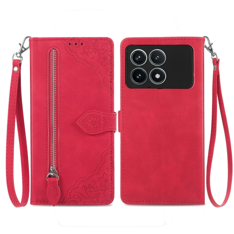 Embossed Flower Zipper Leather Phone Case, For Xiaomi Redmi Note 13 5G, For Xiaomi Redmi Note 13 Pro+, For Xiaomi Redmi Note 13 Pro 5G, For Xiaomi Redmi K60 Ultra, For Xiaomi Redmi K70 Pro, For Xiaomi Redmi K70, For Xiaomi 13T / 13T Pro