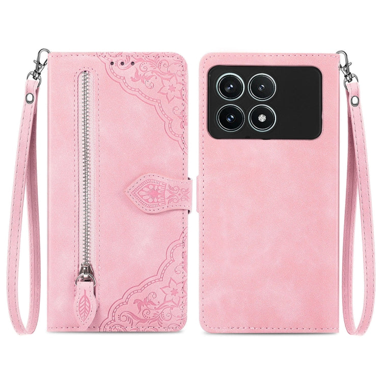 Embossed Flower Zipper Leather Phone Case, For Xiaomi Redmi Note 13 5G, For Xiaomi Redmi Note 13 Pro+, For Xiaomi Redmi Note 13 Pro 5G, For Xiaomi Redmi K60 Ultra, For Xiaomi Redmi K70 Pro, For Xiaomi Redmi K70, For Xiaomi 13T / 13T Pro