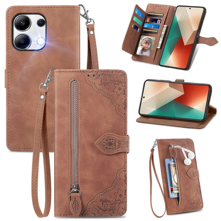 Embossed Flower Zipper Leather Phone Case, For Xiaomi Poco M6 Pro 4G, For Xiaomi Redmi Note 13 Pro 4G, For Xiaomi Redmi A3, For Xiaomi Redmi Note 13 4G, For Xiaomi Redmi 13C 5G, For Xiaomi Redmi K70E, For Xiaomi Poco X6 Pro, For Xiaomi  14 Ultra       ...