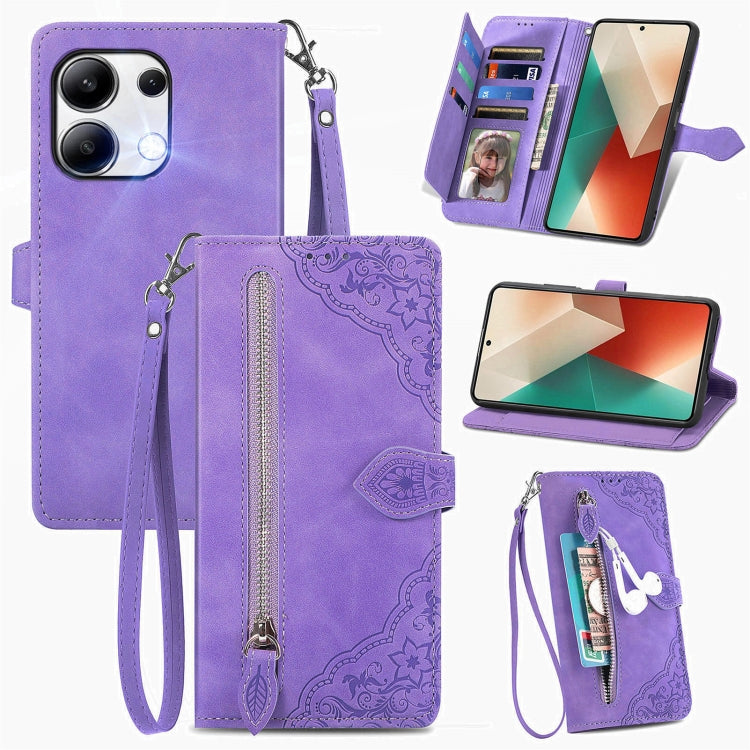 Embossed Flower Zipper Leather Phone Case, For Xiaomi Poco M6 Pro 4G, For Xiaomi Redmi Note 13 Pro 4G, For Xiaomi Redmi A3, For Xiaomi Redmi Note 13 4G, For Xiaomi Redmi 13C 5G, For Xiaomi Redmi K70E, For Xiaomi Poco X6 Pro, For Xiaomi  14 Ultra       ...