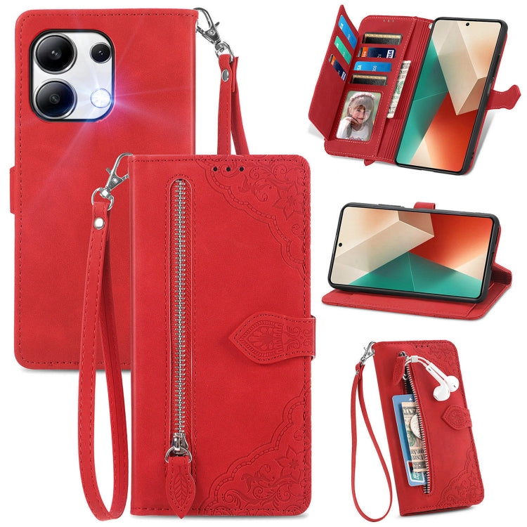 Embossed Flower Zipper Leather Phone Case, For Xiaomi Poco M6 Pro 4G, For Xiaomi Redmi Note 13 Pro 4G, For Xiaomi Redmi A3, For Xiaomi Redmi Note 13 4G, For Xiaomi Redmi 13C 5G, For Xiaomi Redmi K70E, For Xiaomi Poco X6 Pro, For Xiaomi  14 Ultra       ...