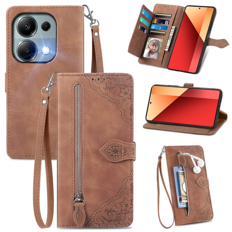 Embossed Flower Zipper Leather Phone Case, For Xiaomi Poco M6 Pro 4G, For Xiaomi Redmi Note 13 Pro 4G, For Xiaomi Redmi A3, For Xiaomi Redmi Note 13 4G, For Xiaomi Redmi 13C 5G, For Xiaomi Redmi K70E, For Xiaomi Poco X6 Pro, For Xiaomi  14 Ultra       ...