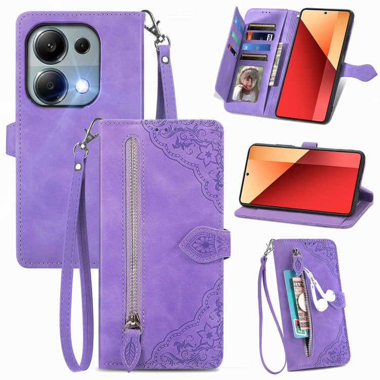 Embossed Flower Zipper Leather Phone Case, For Xiaomi Poco M6 Pro 4G, For Xiaomi Redmi Note 13 Pro 4G, For Xiaomi Redmi A3, For Xiaomi Redmi Note 13 4G, For Xiaomi Redmi 13C 5G, For Xiaomi Redmi K70E, For Xiaomi Poco X6 Pro, For Xiaomi  14 Ultra       ...