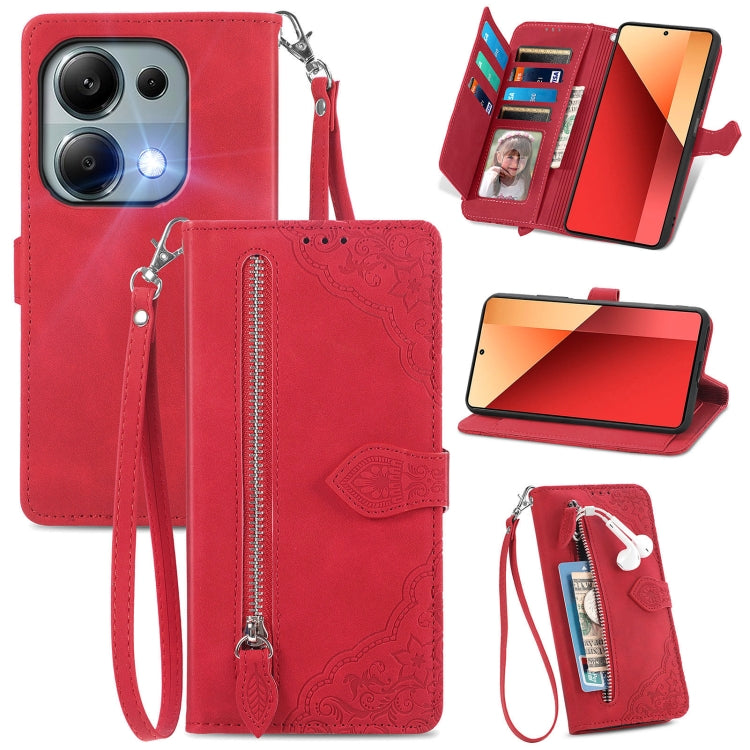 Embossed Flower Zipper Leather Phone Case, For Xiaomi Poco M6 Pro 4G, For Xiaomi Redmi Note 13 Pro 4G, For Xiaomi Redmi A3, For Xiaomi Redmi Note 13 4G, For Xiaomi Redmi 13C 5G, For Xiaomi Redmi K70E, For Xiaomi Poco X6 Pro, For Xiaomi  14 Ultra       ...