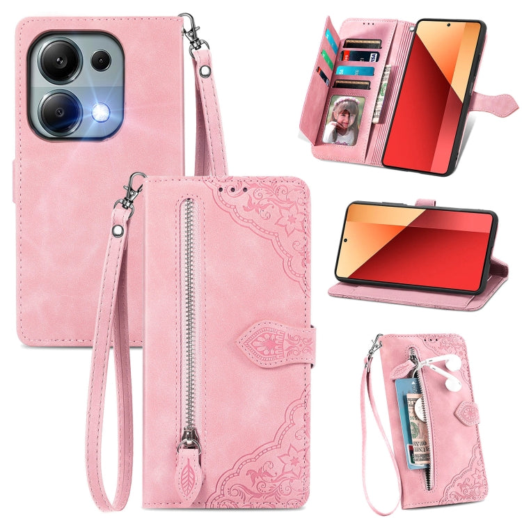 Embossed Flower Zipper Leather Phone Case, For Xiaomi Poco M6 Pro 4G, For Xiaomi Redmi Note 13 Pro 4G, For Xiaomi Redmi A3, For Xiaomi Redmi Note 13 4G, For Xiaomi Redmi 13C 5G, For Xiaomi Redmi K70E, For Xiaomi Poco X6 Pro, For Xiaomi  14 Ultra       ...