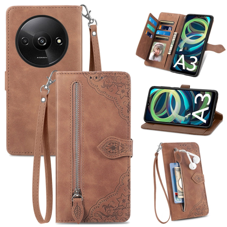 Embossed Flower Zipper Leather Phone Case, For Xiaomi Poco M6 Pro 4G, For Xiaomi Redmi Note 13 Pro 4G, For Xiaomi Redmi A3, For Xiaomi Redmi Note 13 4G, For Xiaomi Redmi 13C 5G, For Xiaomi Redmi K70E, For Xiaomi Poco X6 Pro, For Xiaomi  14 Ultra       ...